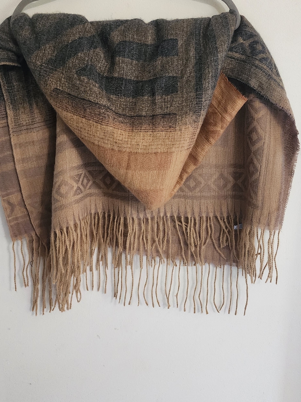 Fringed Hooded Throw Blanket in Brown and Tan